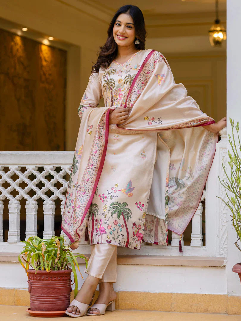 Floral Printed Handwork Silk Straight Kurta With Trousers & Dupatta Suits