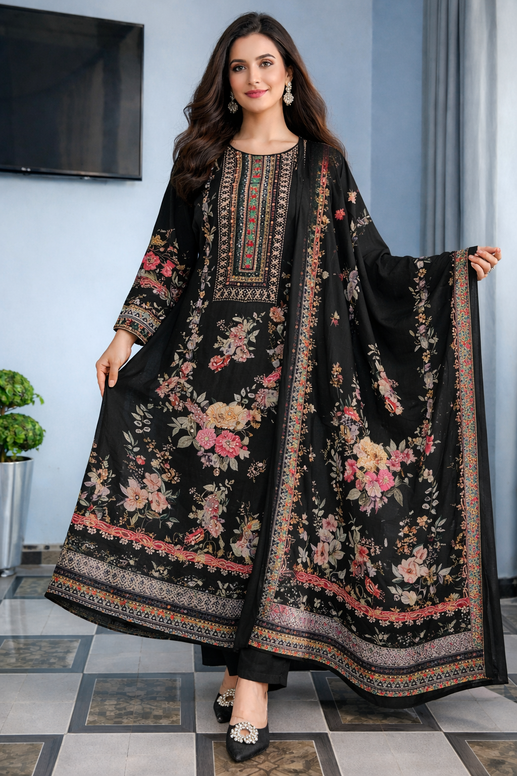 Luxury Pastel Cream Floral Printed Muslin Suit Set with Designer Dupatta