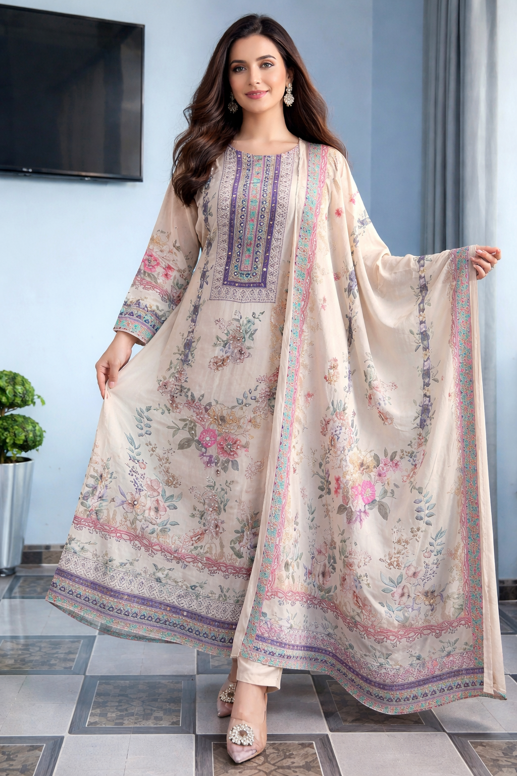 Luxury Pastel Cream Floral Printed Muslin Suit Set with Designer Dupatta