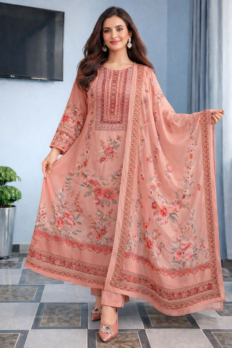 Luxury Pastel Cream Floral Printed Muslin Suit Set with Designer Dupatta