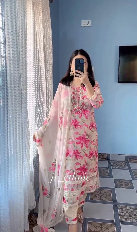 Pink stunning Floral Suit Set With Dupatta
