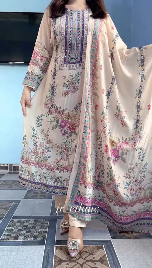 Luxury Pastel Cream Floral Printed Muslin Suit Set with Designer Dupatta